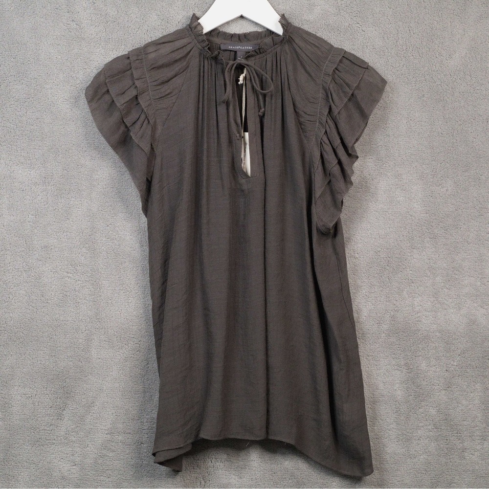 GRADE & GATHER Ruffle Sleeve Blouse Tie Neck Boho Romantic Black Sz S